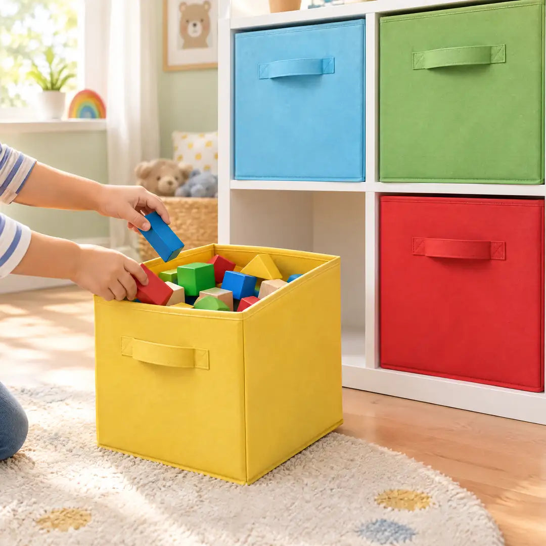 Spielzeug aufbewahren: Bauklötze in der gelben Stoffbox