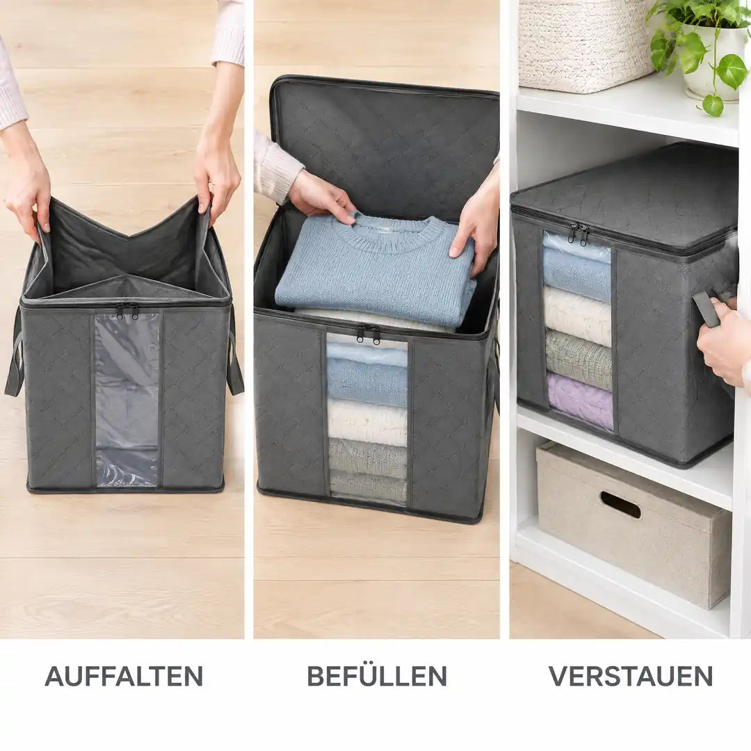 Anwendung in drei Schritten: auffalten, befüllen, verstauen