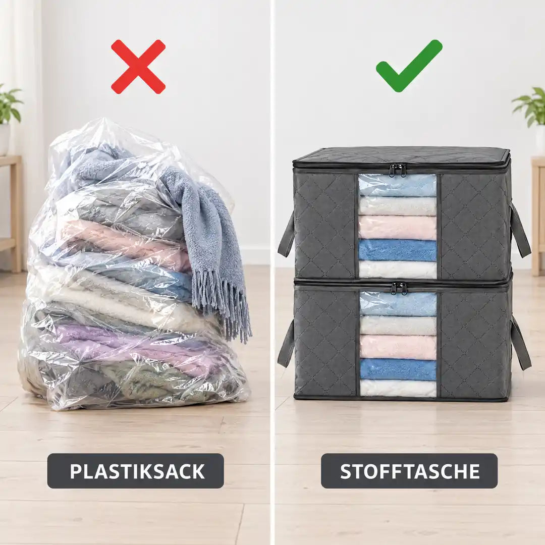 Vergleich: Decken im Plastiksack und in der Stofftasche