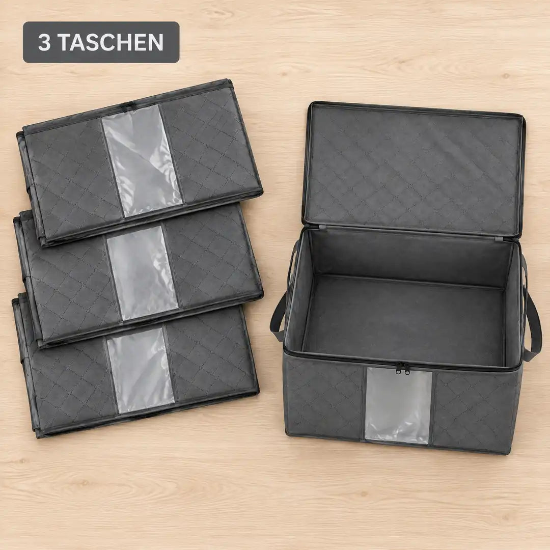 3er-Set Aufbewahrungstaschen flach gefaltet und eine aufgefaltet