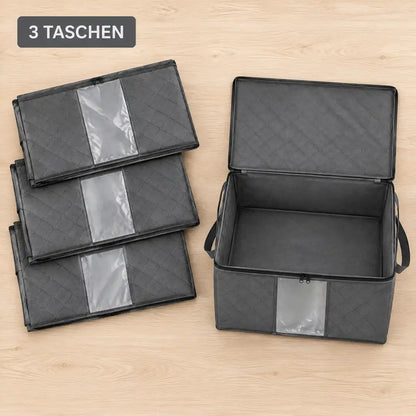 3er-Set Aufbewahrungstaschen flach gefaltet und eine aufgefaltet