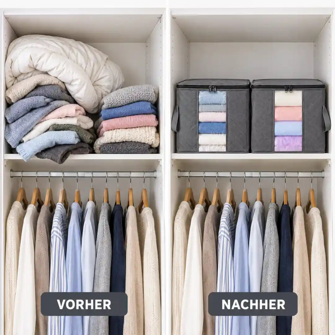 Kleiderschrank vorher mit Stapeln, nachher mit Aufbewahrungstaschen
