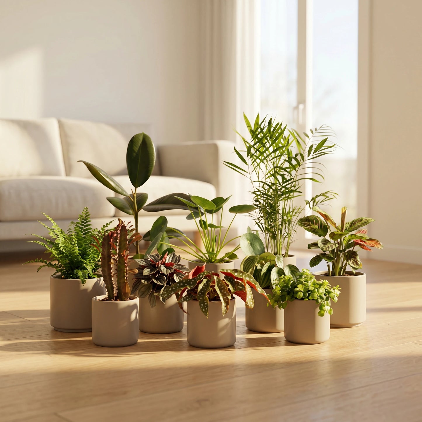Außenseiterbox mit gemischten Zimmerpflanzen in hellem Wohnraum