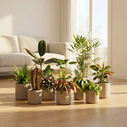 Außenseiterbox mit gemischten Zimmerpflanzen in hellem Wohnraum