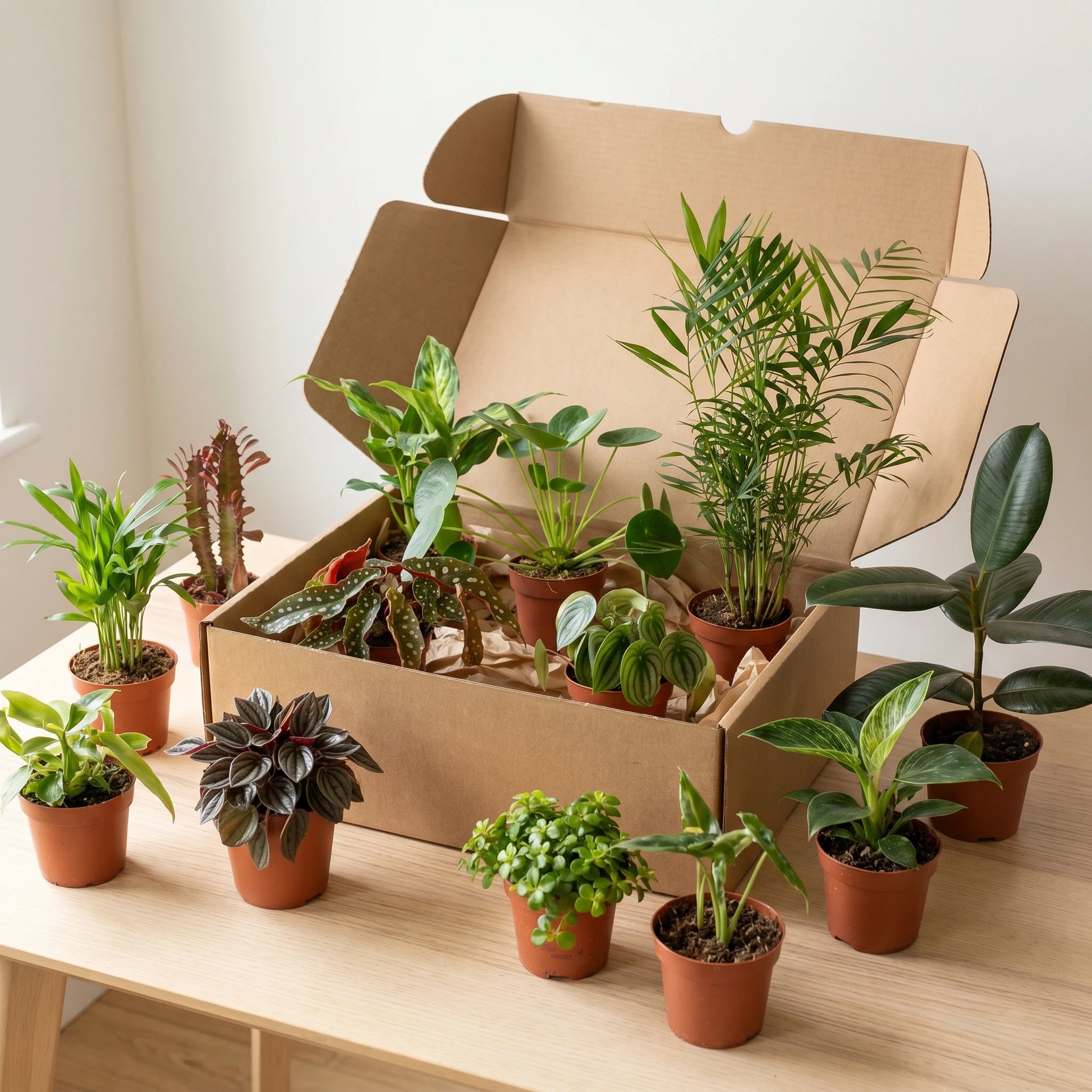 Vielfalt der Außenseiterbox – verschiedene Zimmerpflanzen an einem Versandkarton