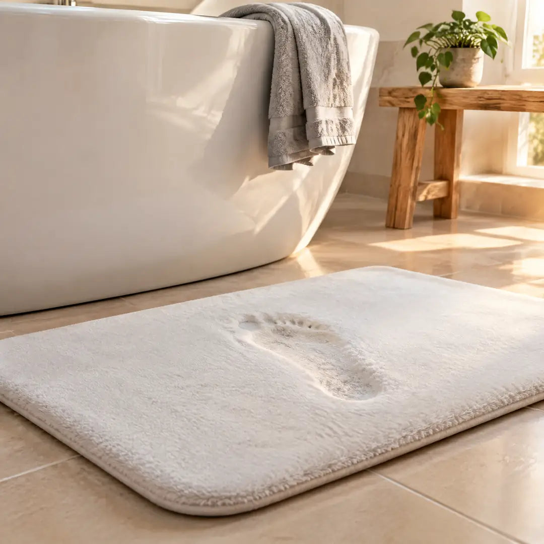 Weiße Badematte mit Fußabdruck im weichen Polster vor einer Badewanne