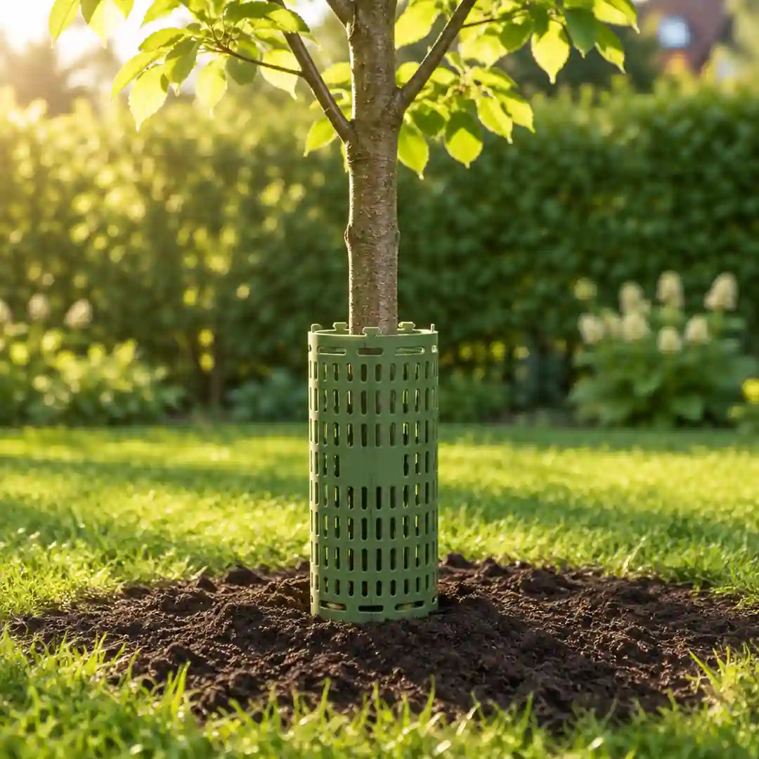 Manschette am Stamm eines frisch gepflanzten jungen Baums im Garten