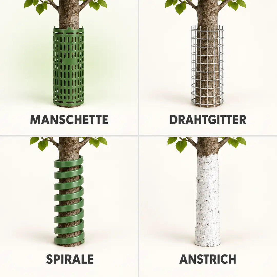 Vergleich der Manschette mit Drahtgitter, Spirale und Weißanstrich am Stamm