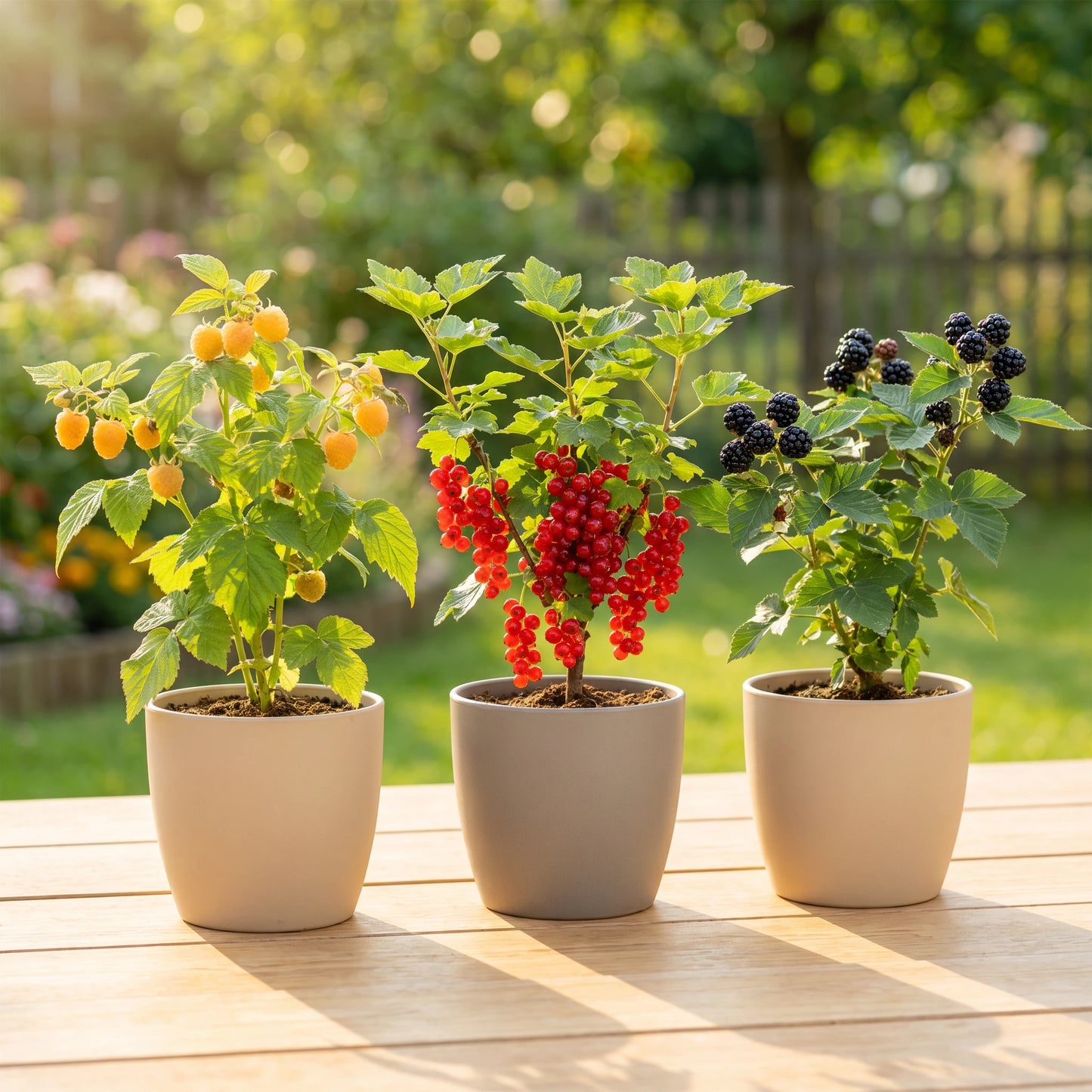 Beeren-Set: rote Johannisbeere, gelbe Himbeere und dornenlose Brombeere in Töpfen auf der Terrasse