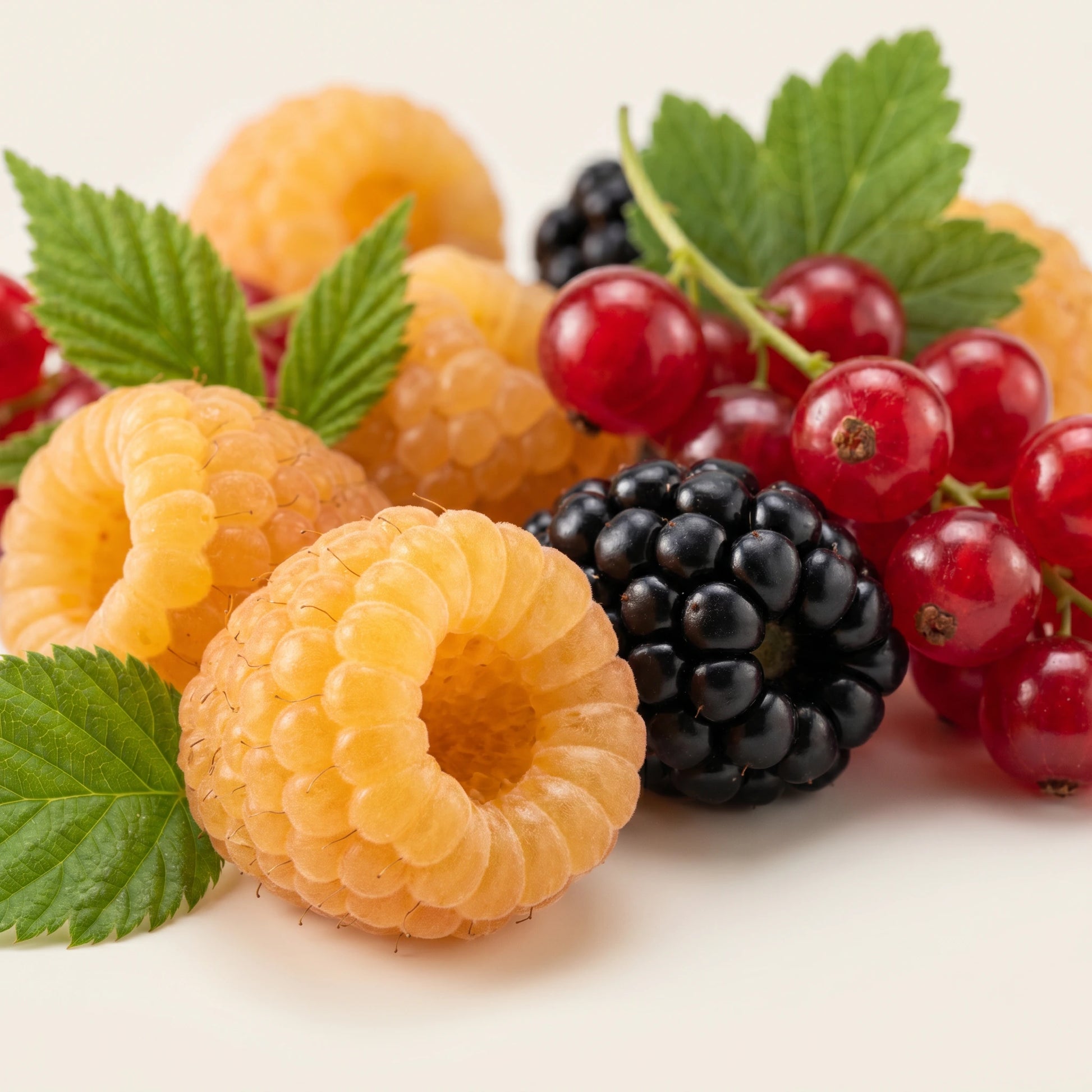 Frische gelbe Himbeeren, schwarze Brombeere und rote Johannisbeeren – Nahaufnahme