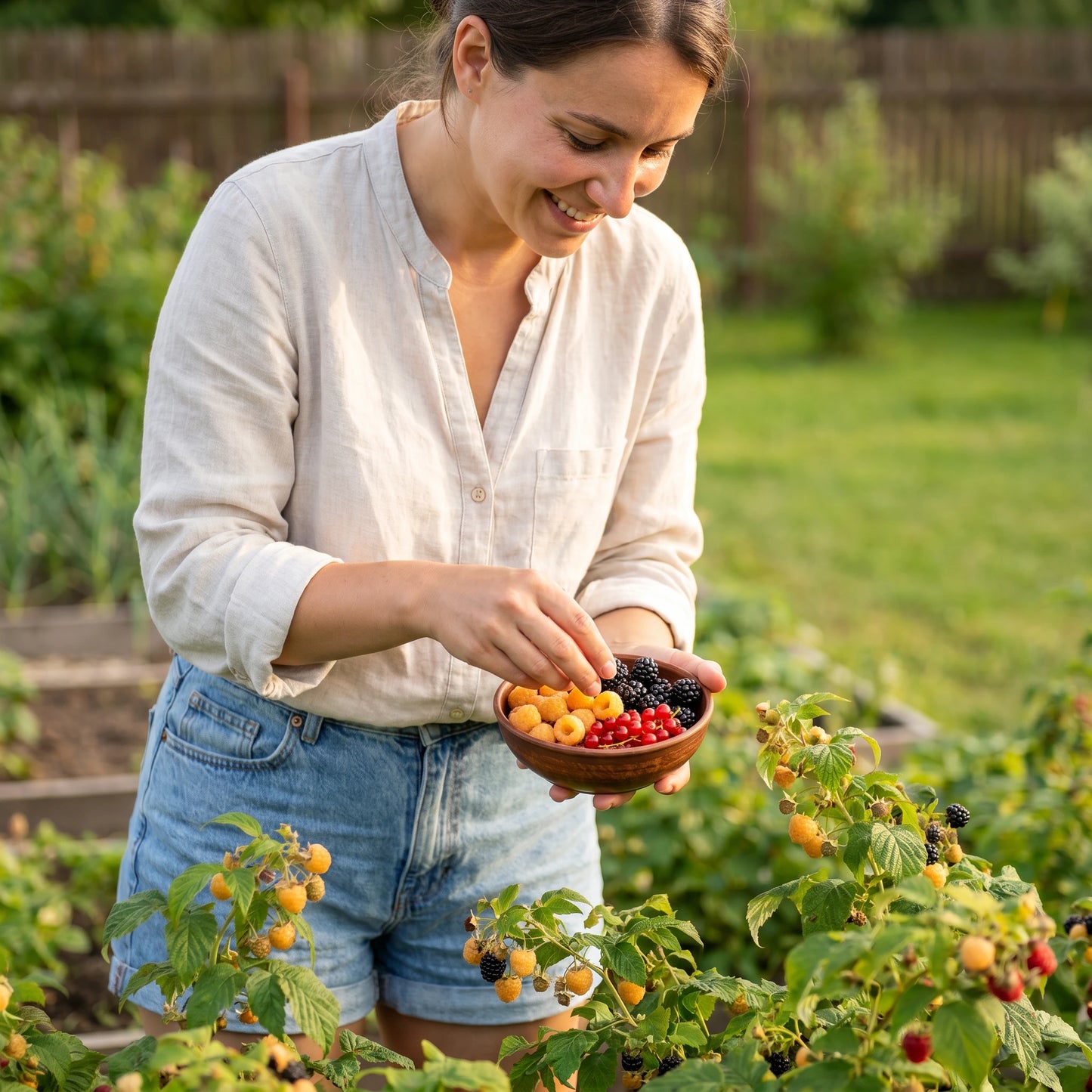 Frau erntet Johannisbeeren, Himbeeren und Brombeeren im sonnigen Garten