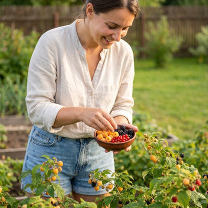 Frau erntet Johannisbeeren, Himbeeren und Brombeeren im sonnigen Garten