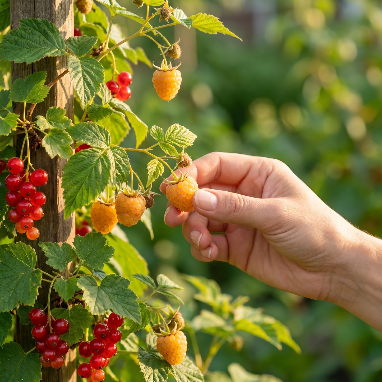 Hand pflückt eine reife gelbe Himbeere vom Strauch