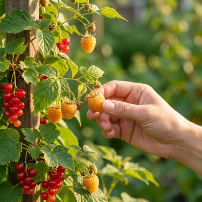 Hand pflückt eine reife gelbe Himbeere vom Strauch
