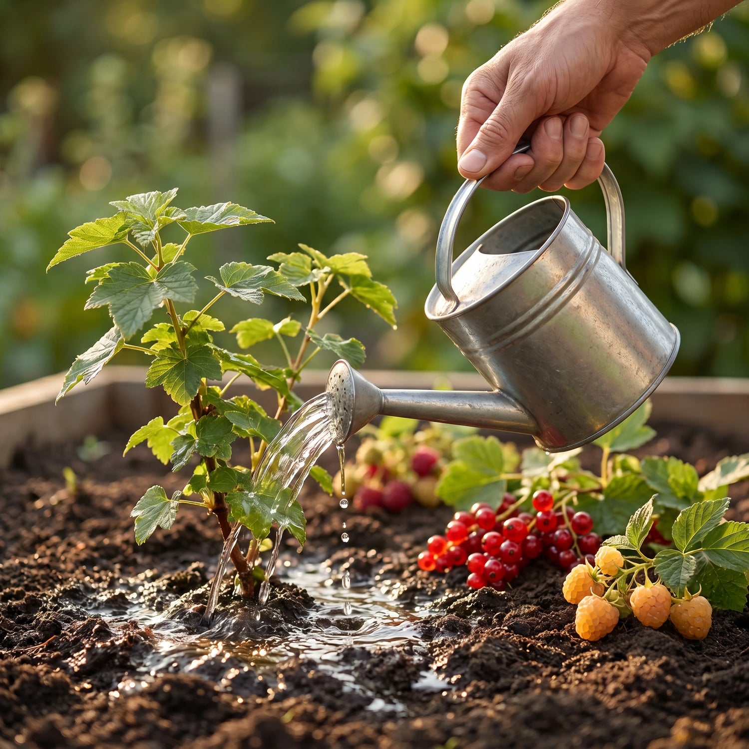 Beeren-Set Pflege: Beerenpflanze im Beet wird mit der Gießkanne gegossen