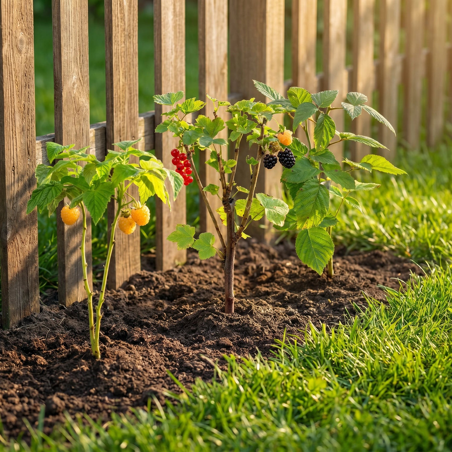 Beeren-Set Standort: Beerensträucher an einem sonnigen Platz im Gartenbeet am Zaun