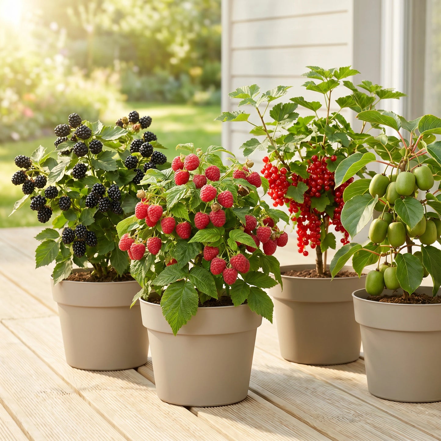 Beerensträucher-Vielfalt: Brombeere, Himbeere, rote Johannisbeere und Kiwibeere auf einer Terrasse