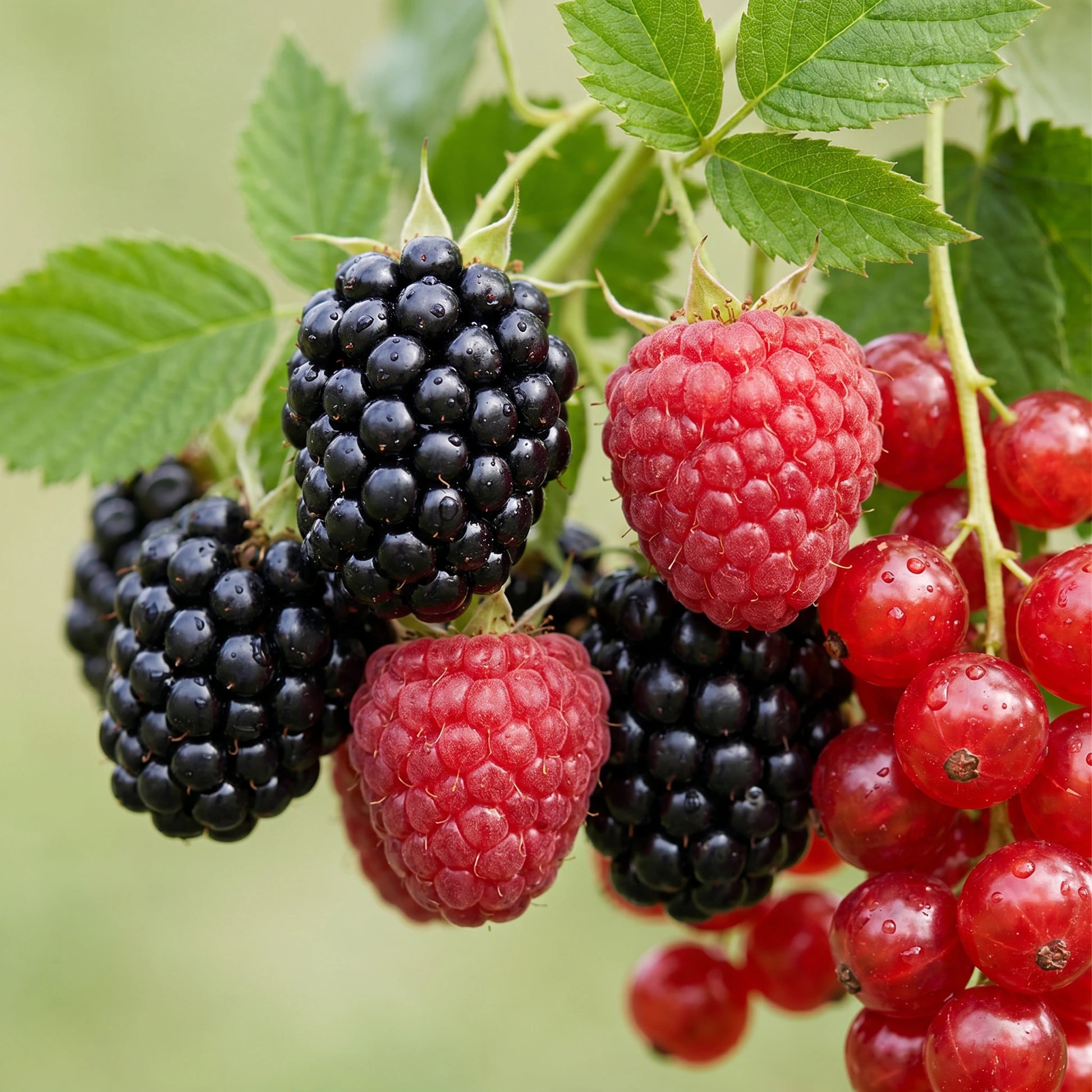 Reife Brombeeren, Himbeeren und Johannisbeeren in Nahaufnahme