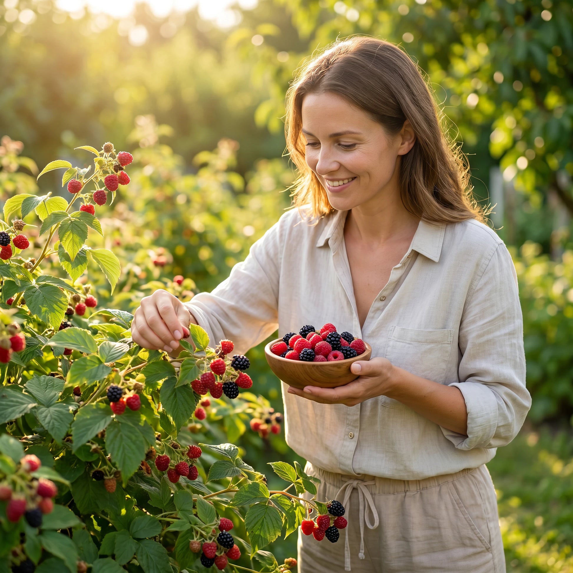 Frau erntet frische Beeren im Garten