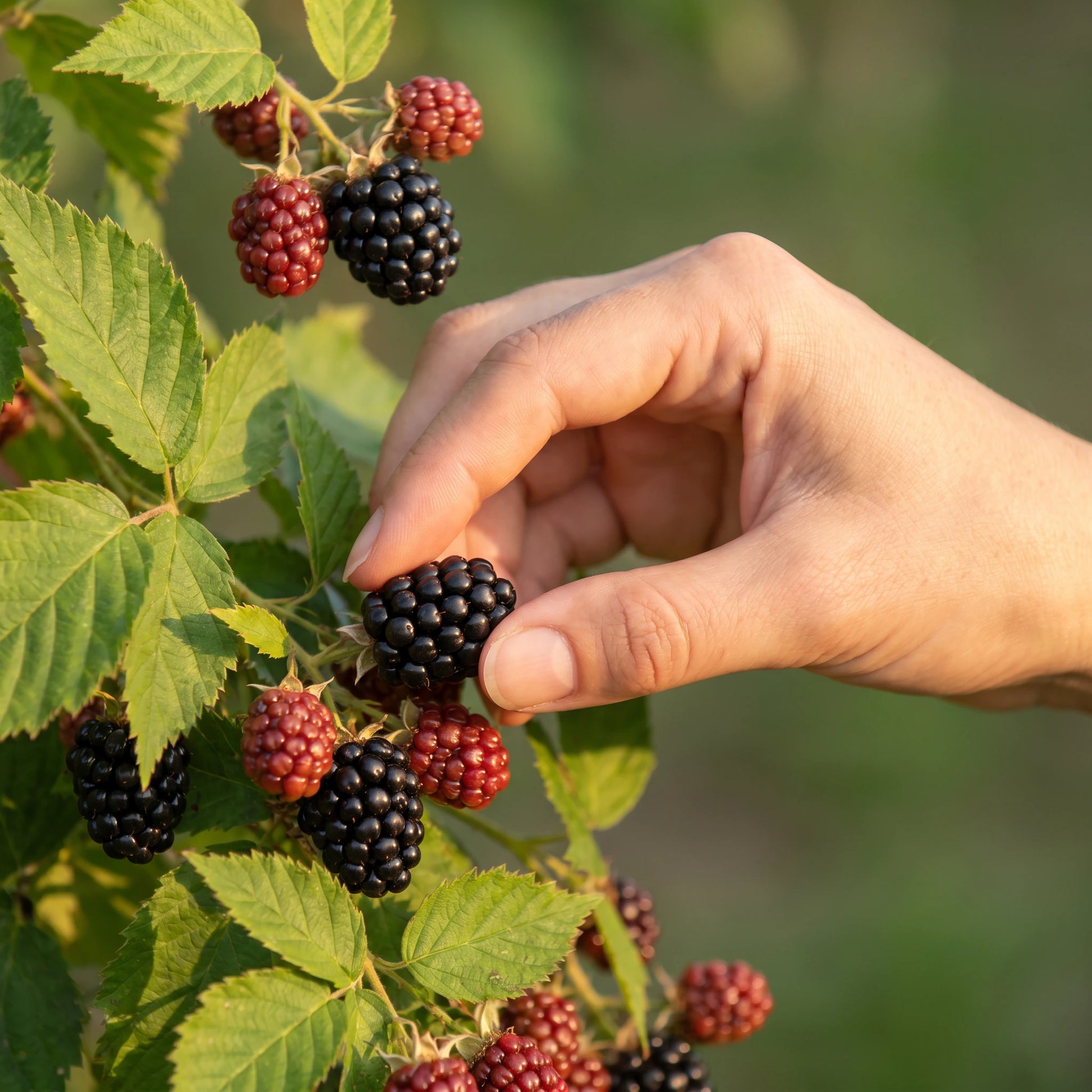 Hand pflückt reife Brombeere vom Strauch