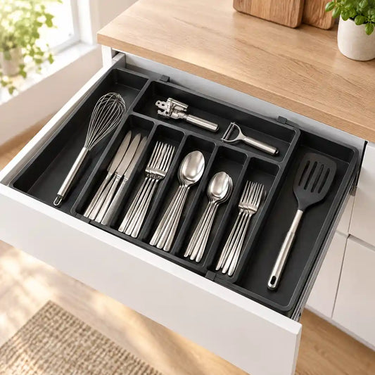 Schwarzer Besteckkasten in geöffneter Küchenschublade mit Besteck und Küchenhelfern