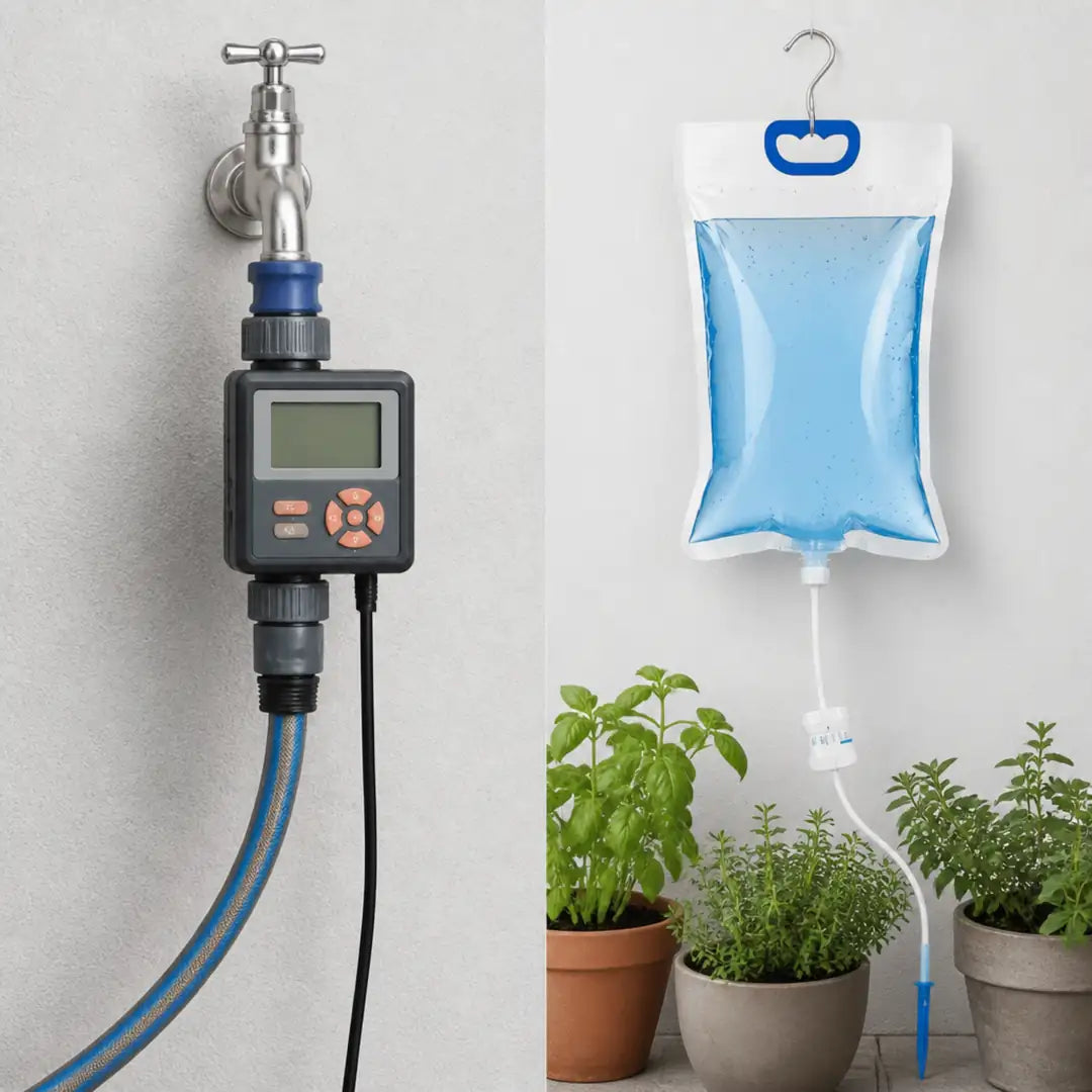 Vergleich: Bewässerungscomputer am Wasserhahn gegen Beutel am Haken