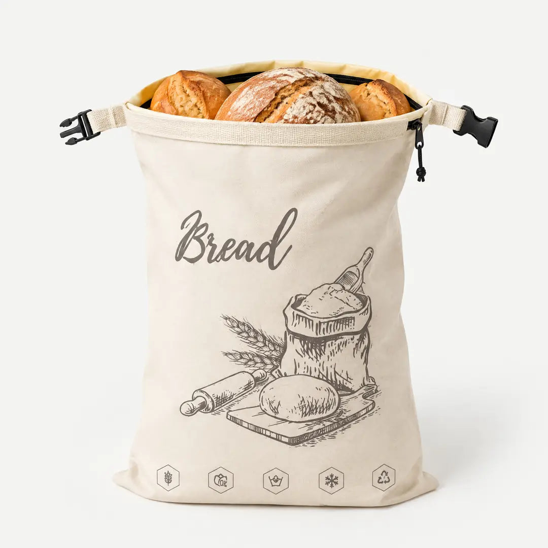 Bienenwachs Brotbeutel in Beige mit Sauerteigbrot und Brötchen, Studioaufnahme