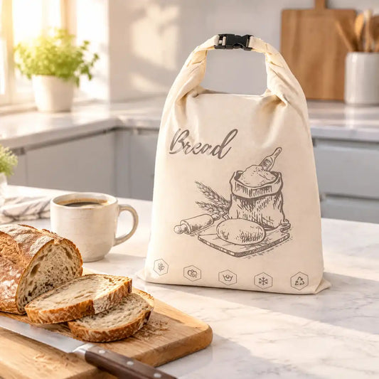Verschlossener Bienenwachs Brotbeutel auf der Küchenarbeitsplatte neben geschnittenem Bauernbrot