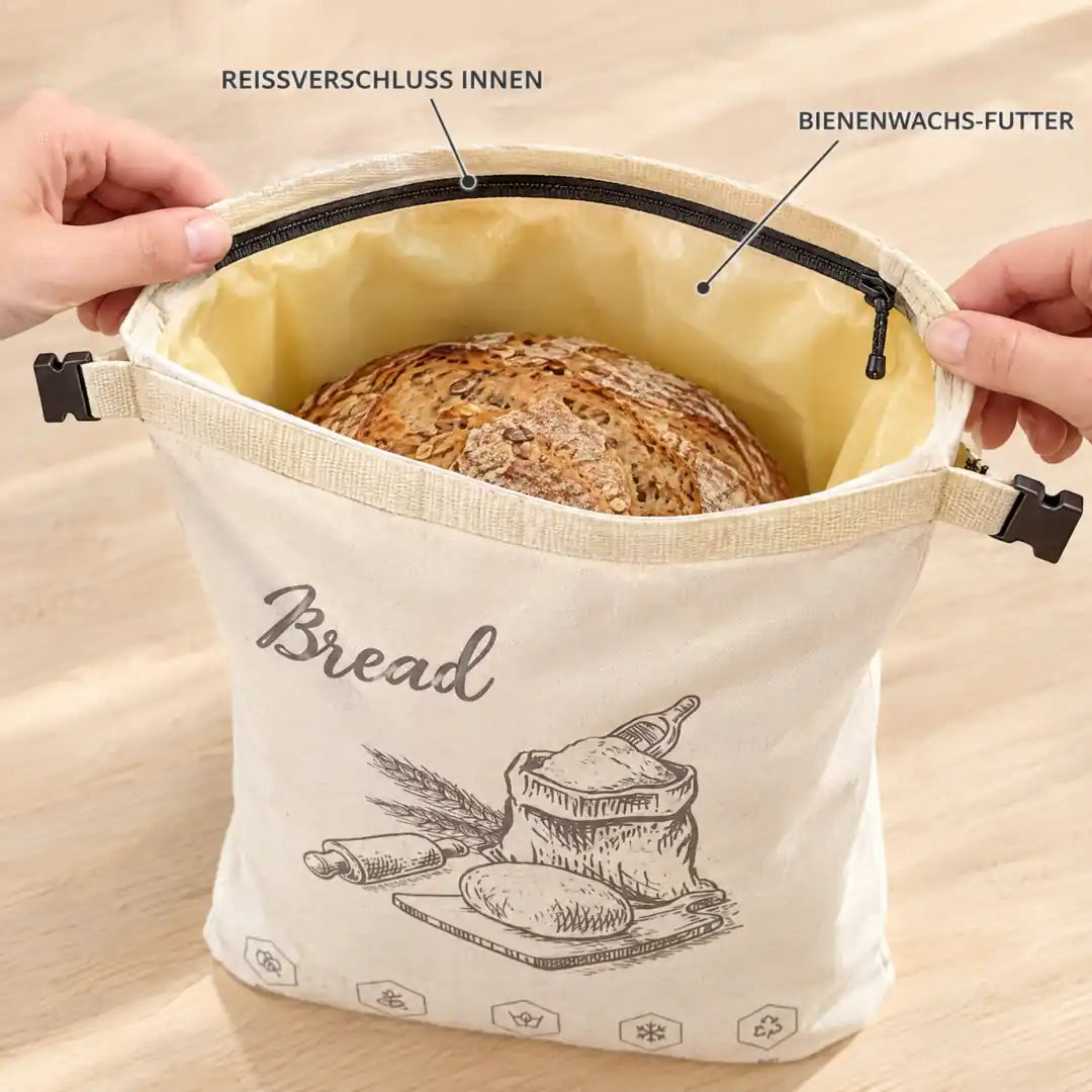 Geöffneter Brotbeutel mit innenliegendem Reißverschluss und Bienenwachs-Futter