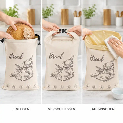 Brotbeutel anwenden in drei Schritten: einlegen, verschließen, auswischen
