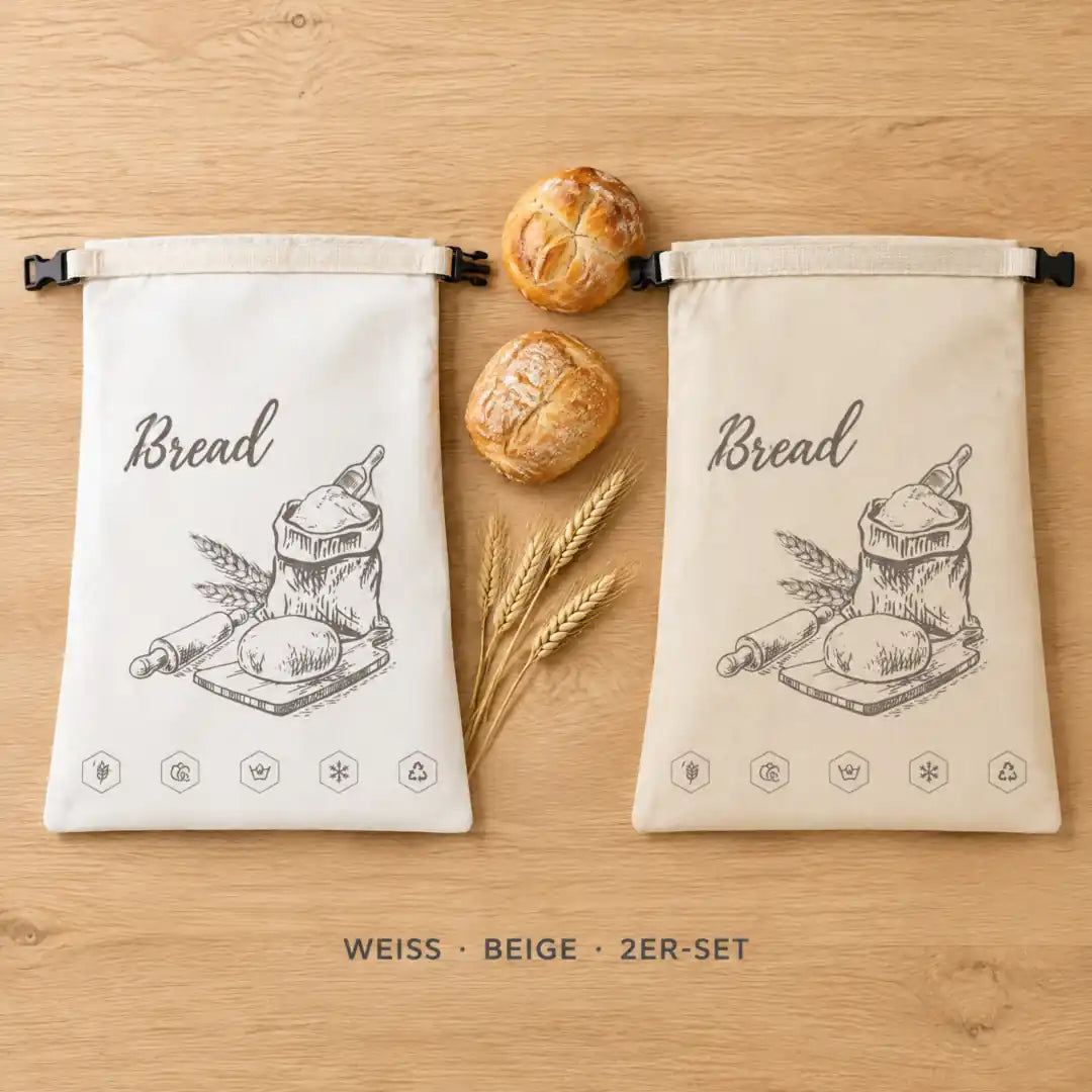 Bienenwachs Brotbeutel in Weiß und Beige nebeneinander