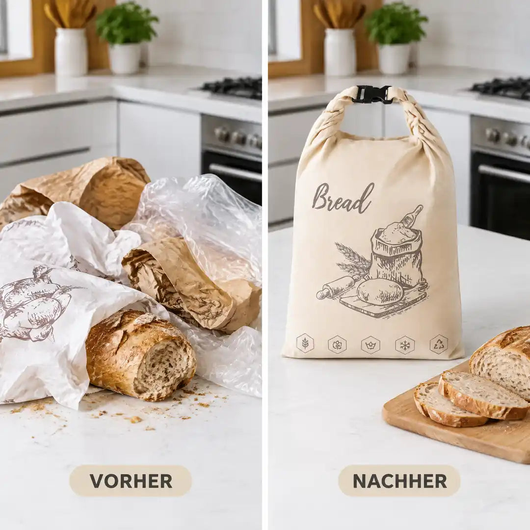 Vorher Einwegtüten auf der Arbeitsplatte, nachher ein verschlossener Bienenwachs Brotbeutel