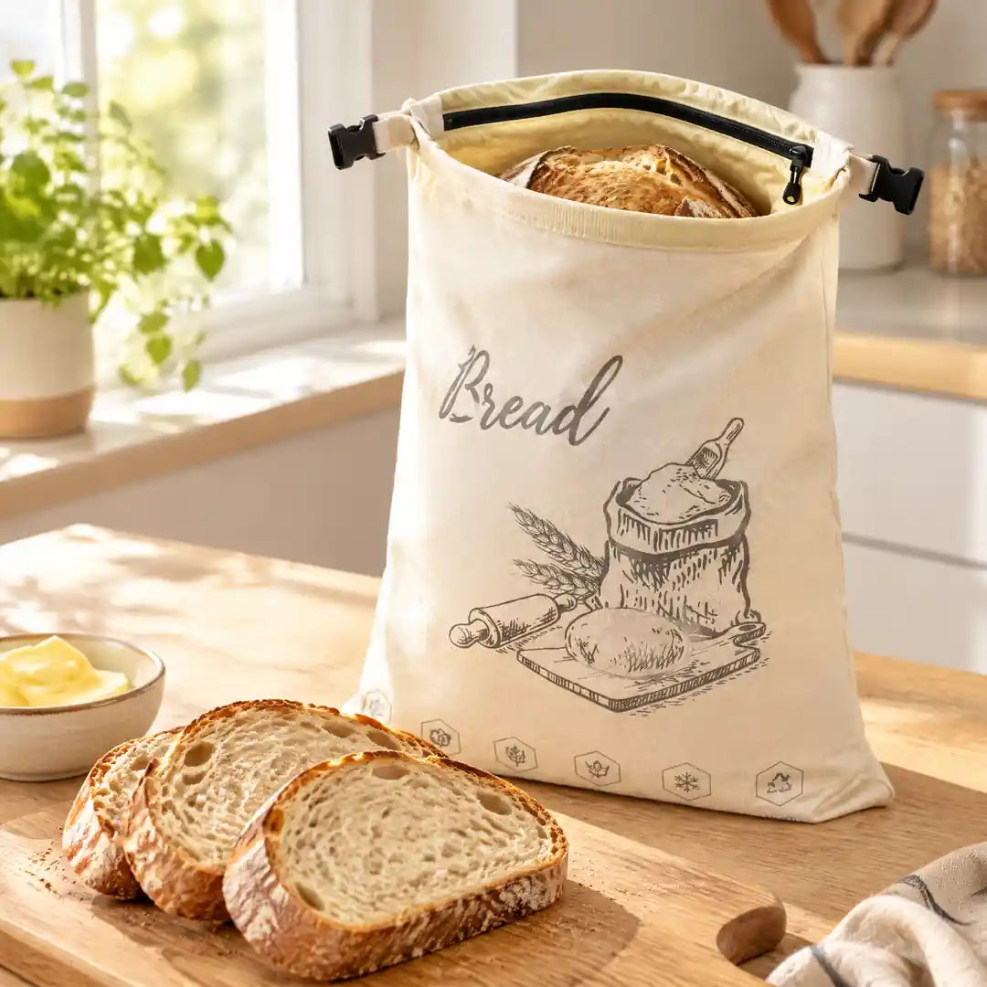 Geöffneter Bienenwachs Brotbeutel hinter frisch geschnittenem Sauerteigbrot