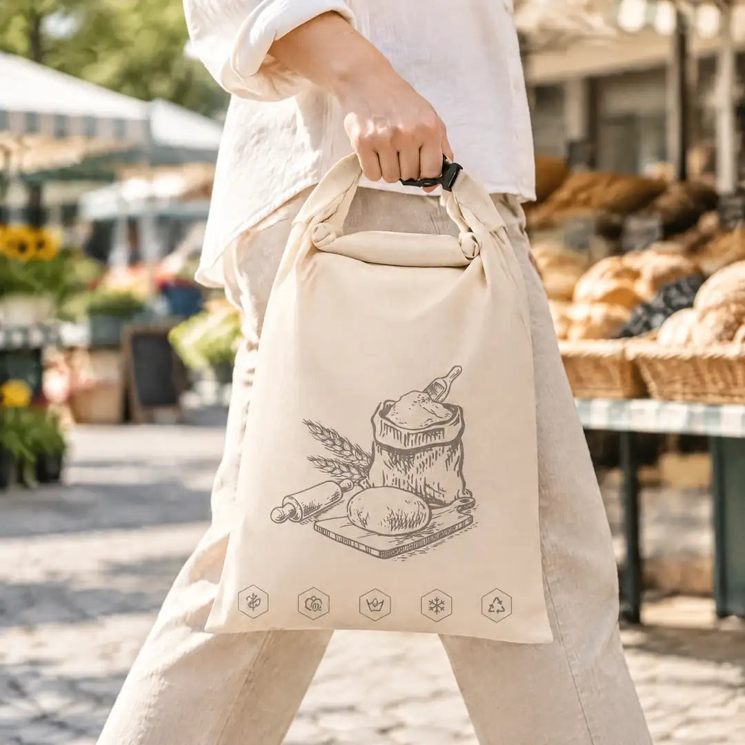 Bienenwachs Brotbeutel wird am Schnallengriff über den Wochenmarkt getragen