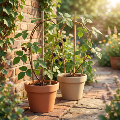 Zwei Bio-Brombeerpflanzen (Rubus fruticosus) in Terracotta-Kübeln auf sonniger Terrasse mit dunklen Beeren