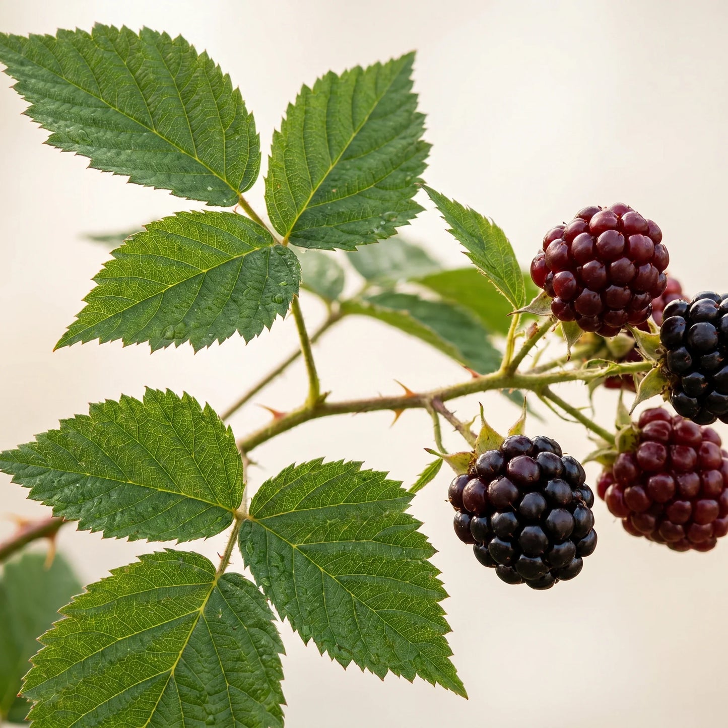 Nahaufnahme von Brombeerlaub und reifen dunklen Brombeeren (Rubus fruticosus)