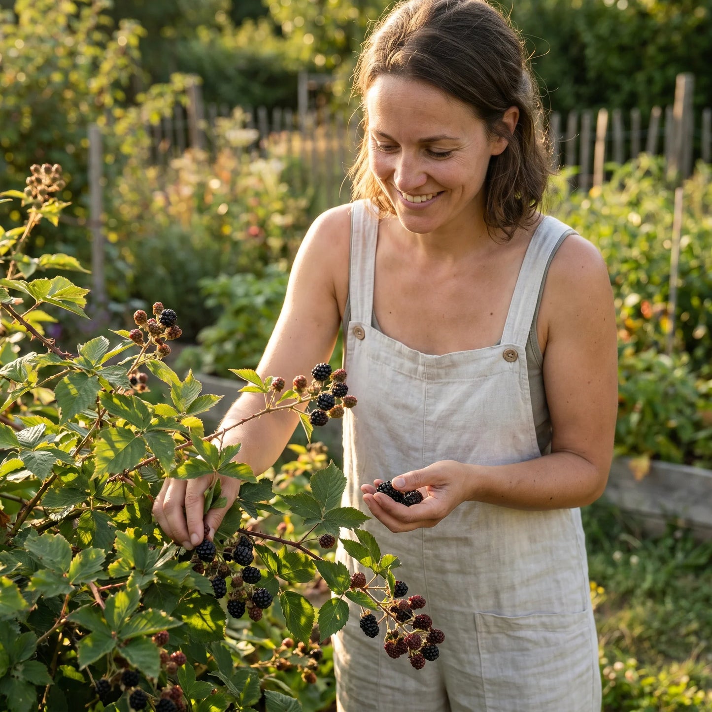 Frau erntet dunkle Brombeeren vom Strauch im sonnigen Garten