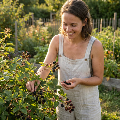 Frau erntet dunkle Brombeeren vom Strauch im sonnigen Garten