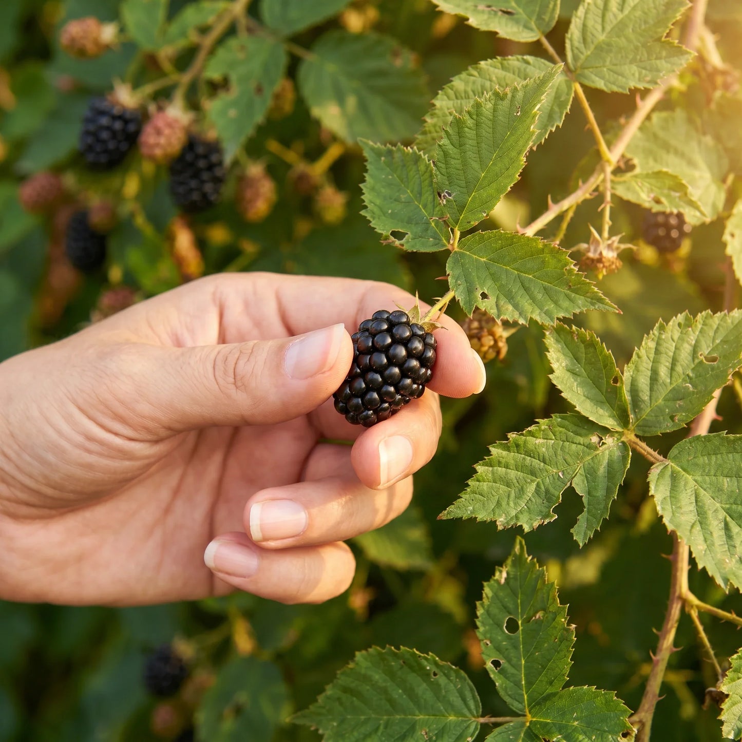 Hand pflückt eine reife schwarze Brombeere vom Strauch