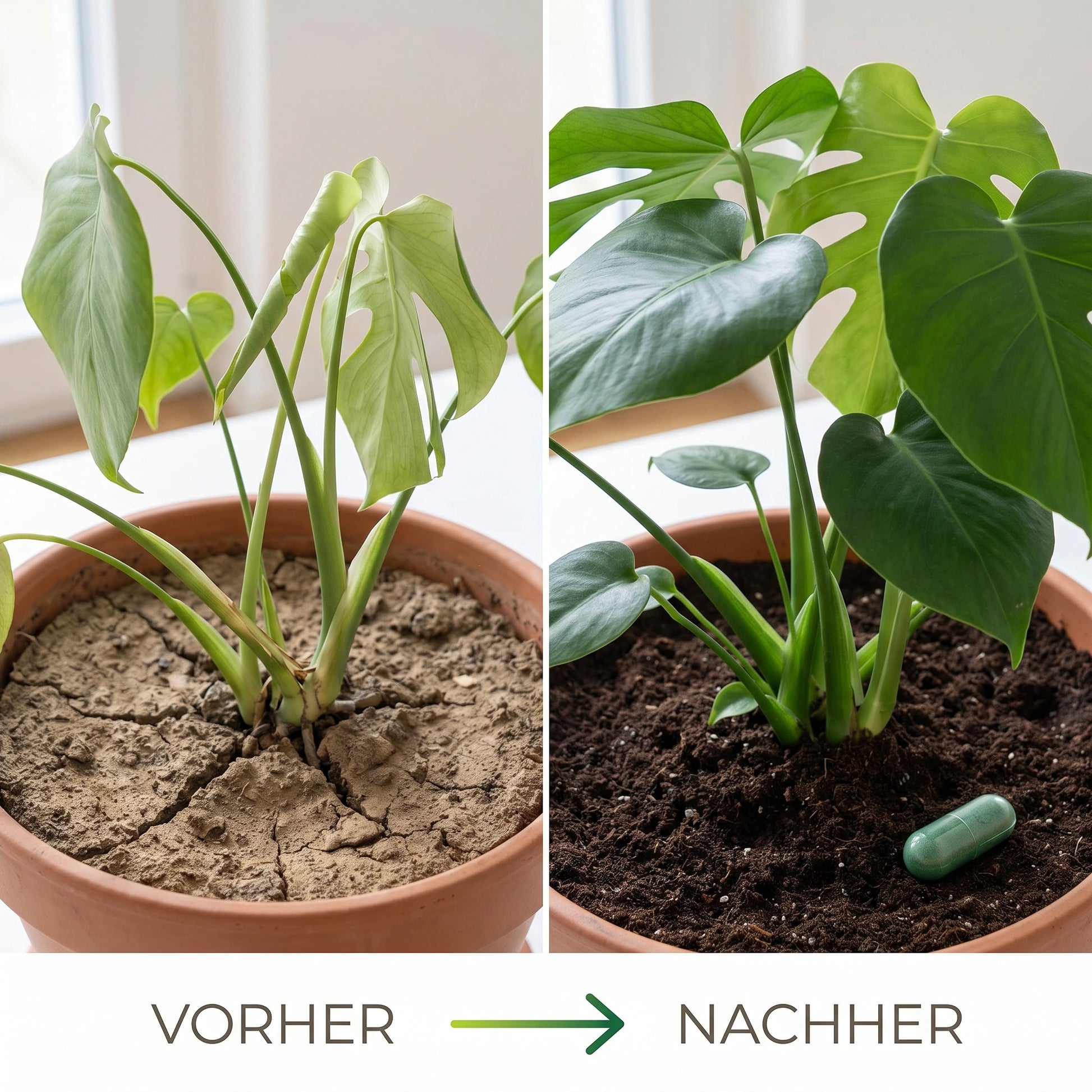 Zimmerpflanze vorher nachher mit Bio Cure Kapseln