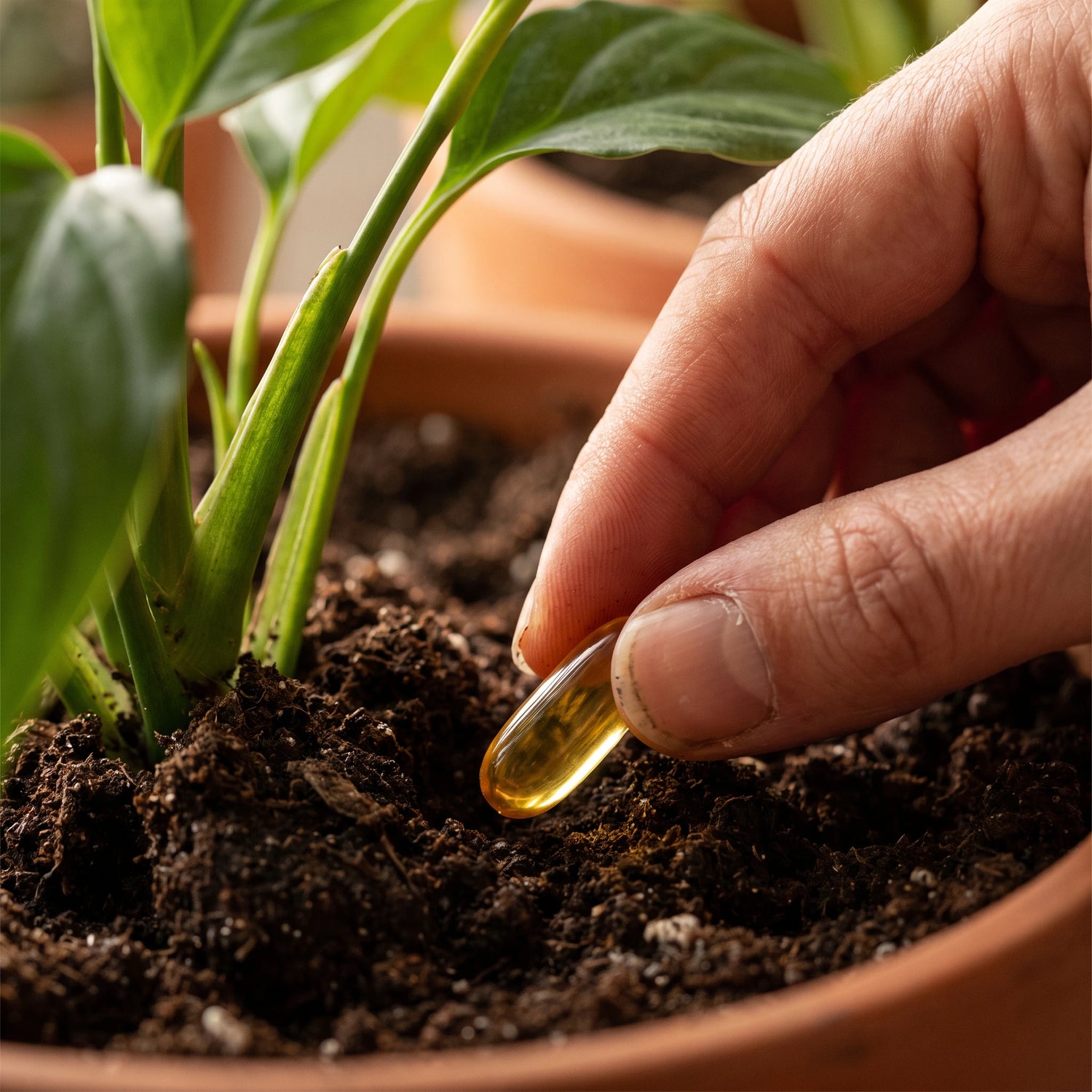 Bio Cure Kapsel wird in die Erde eingesetzt