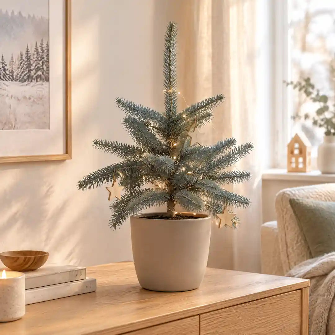 Blaufichte im beigen Übertopf mit Lichterkette und Holzsternen auf einem Sideboard im Wohnzimmer