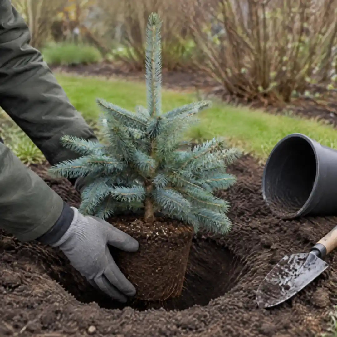 Hände in Gartenhandschuhen setzen eine Blaufichte mit Wurzelballen in den Gartenboden