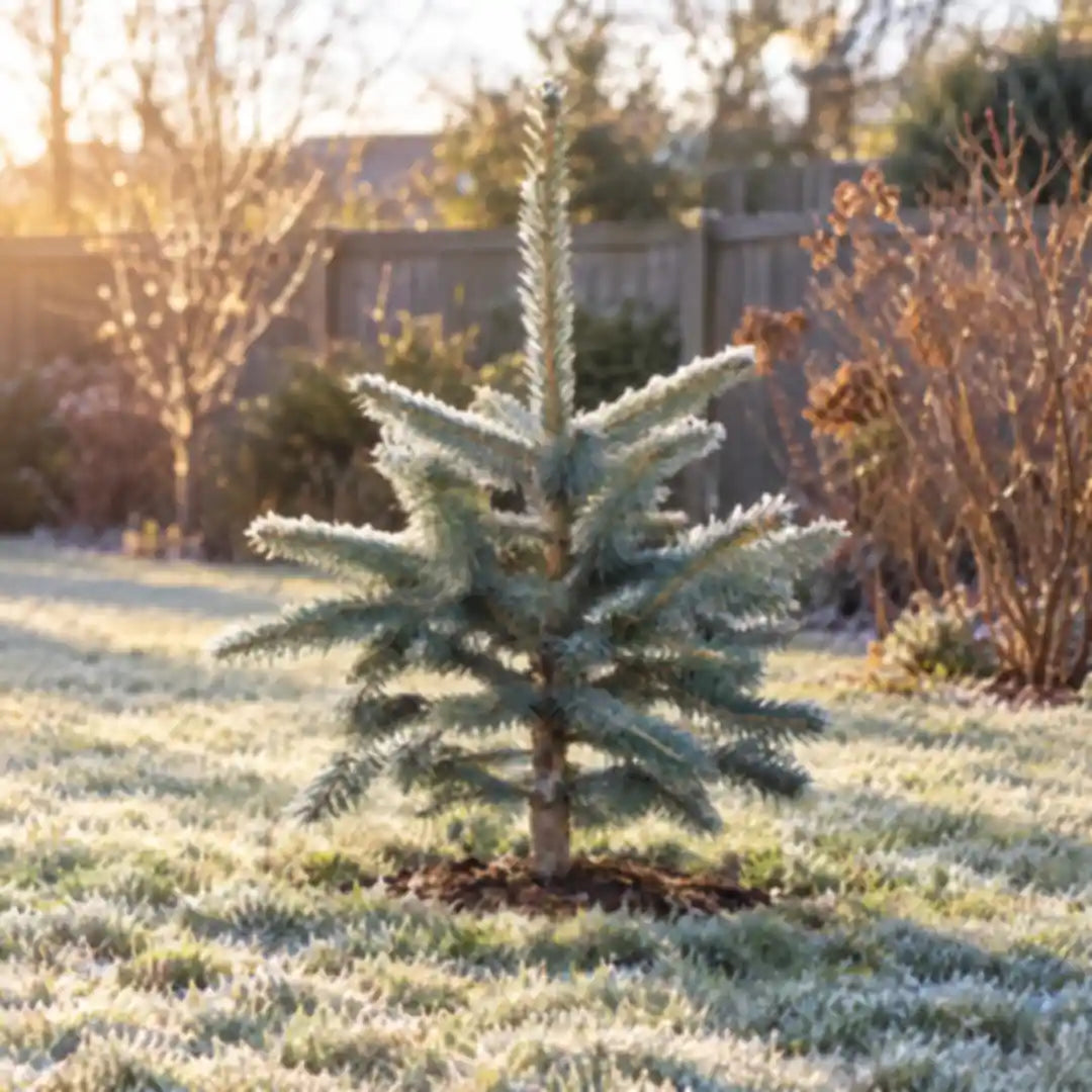 Blaufichte im Garten an einem sonnigen Wintermorgen mit Raureif
