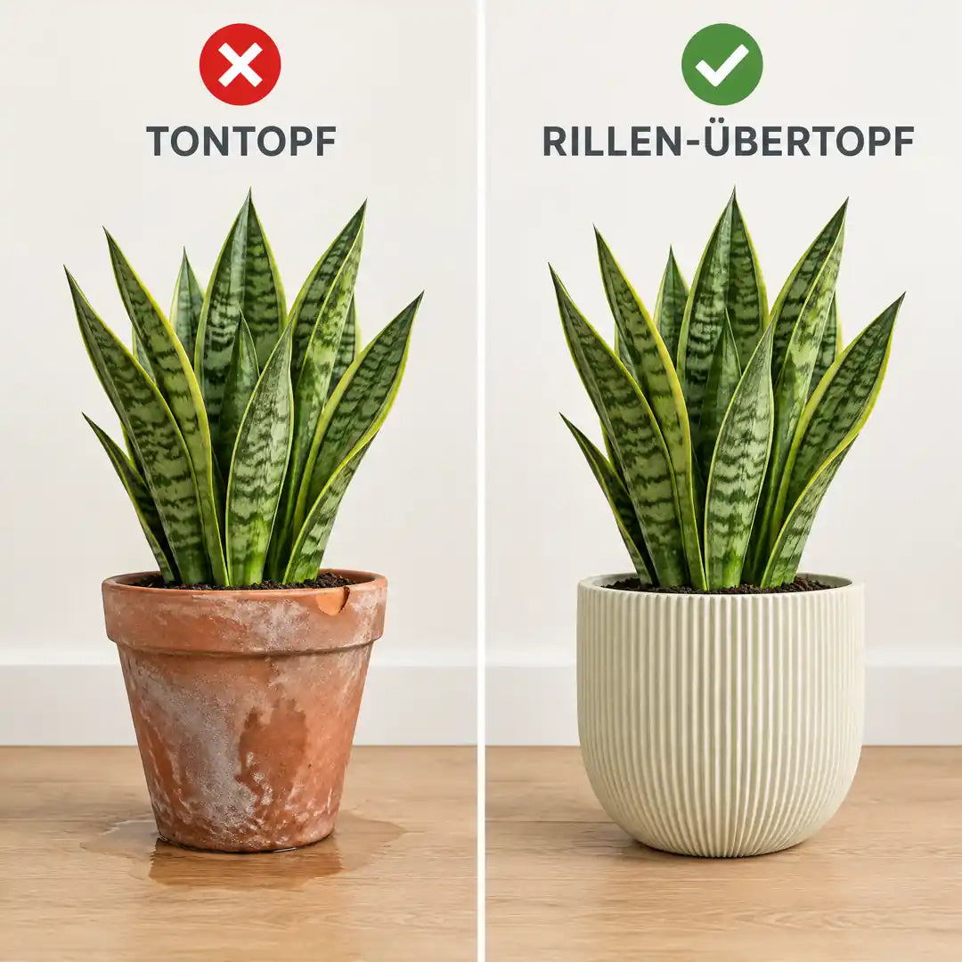 Vergleich Tontopf mit Kalkflecken und beiger Rillen-Übertopf