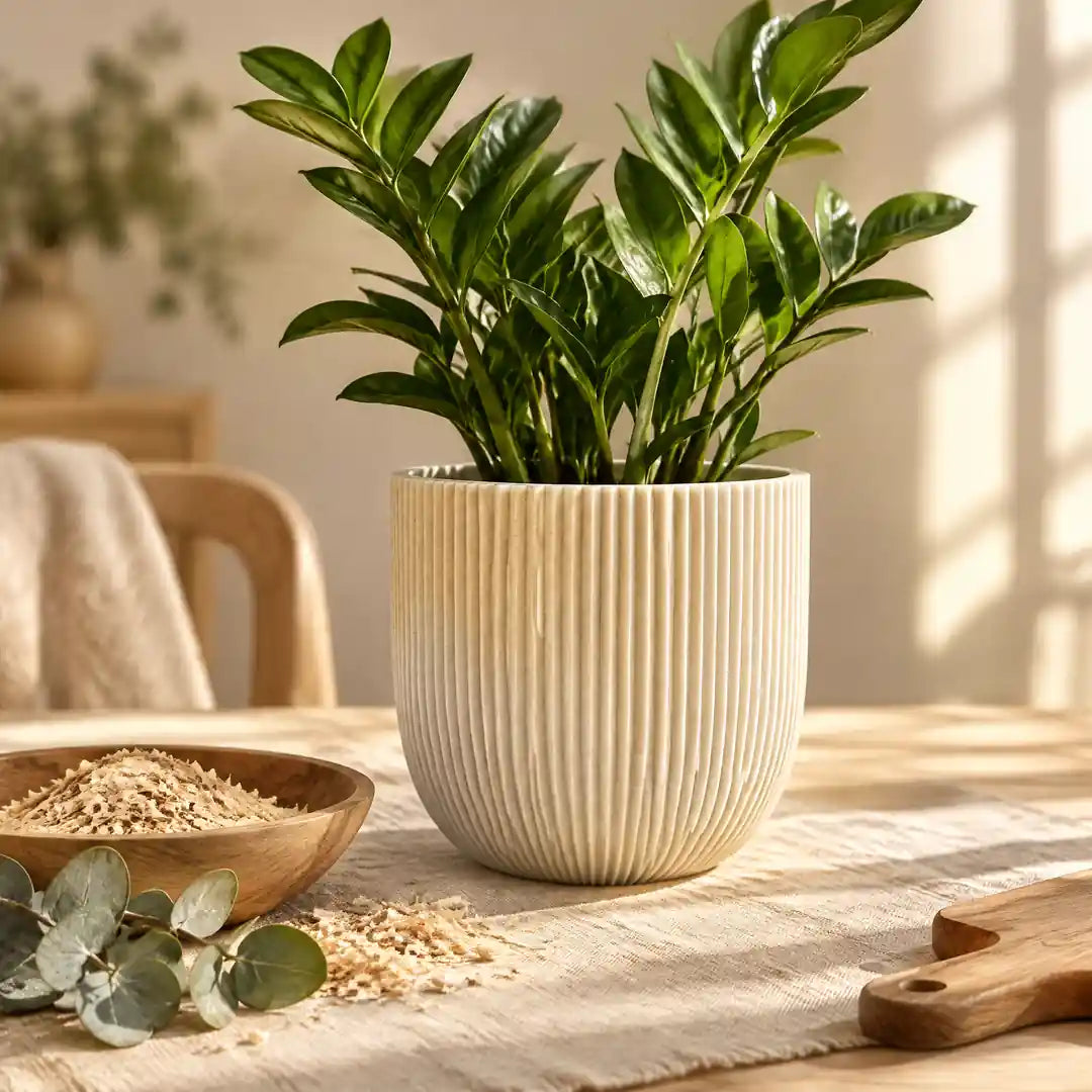 Beiger Rillen-Übertopf mit Zamioculcas neben einer Schale Sägemehl