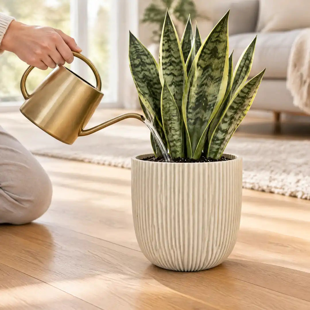 Sansevieria im beigen Rillen-Übertopf wird auf trockenem Parkett gegossen