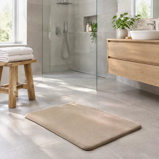 Beige Badematte vor einer bodengleichen Dusche im hellen Bad