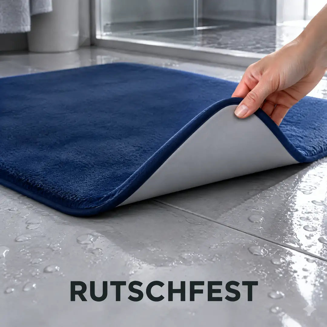 Rutschfeste PVC-Unterseite der Badematte auf nassen Fliesen