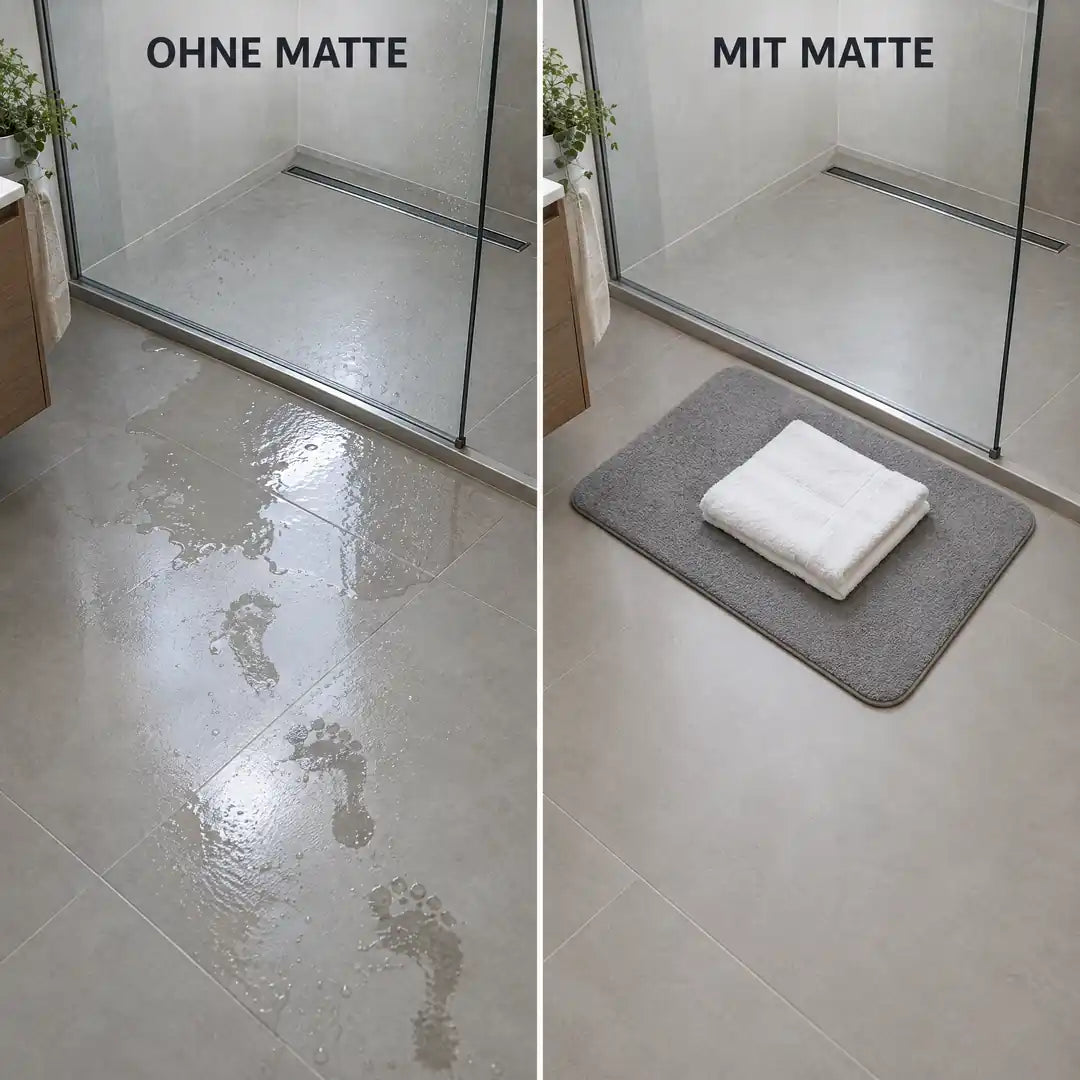 Nasser Fliesenboden ohne Matte im Vergleich zum Boden mit Badematte